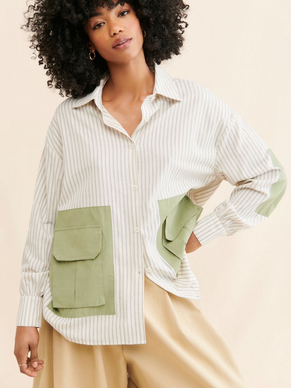 Striped Button-Front Shirt with Green Patch Pockets - Women